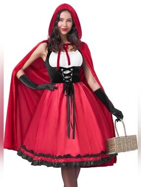 Women Little Red Riding Hood Costume, Halloween Hooded Cloak Adult Cape Dress